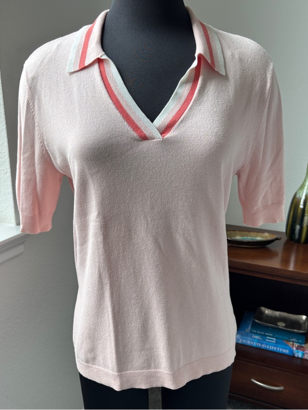 Lady Hagen Pale Pink Knit Polo with Coral and Mint Trim